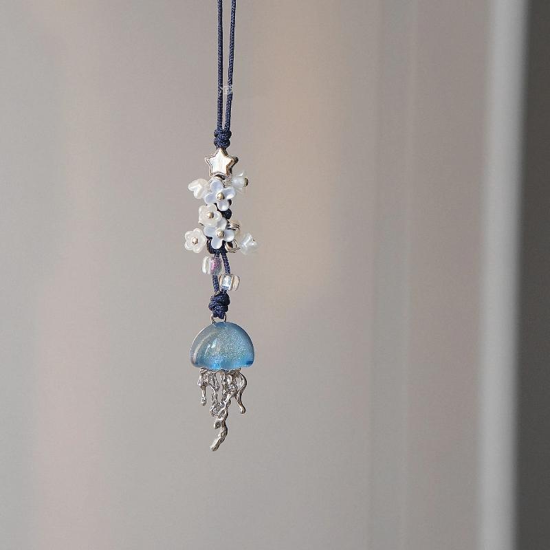 Ocean Jellyfish Beaded Phone Charm Handmade Blue Flower Crystal Pendant Aesthetic Bag Camera Keychain