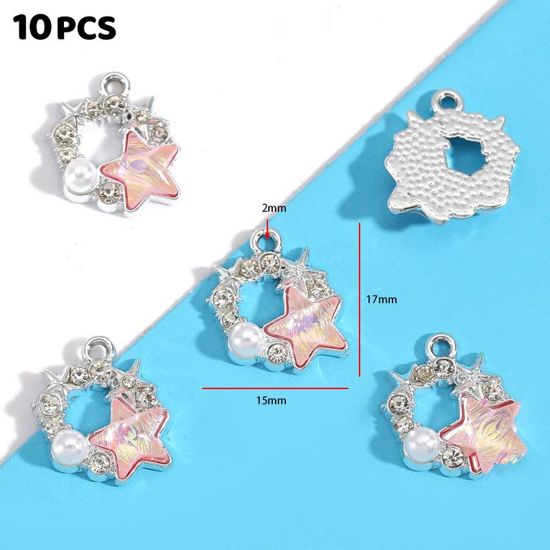10Pcs Alloy Mixed Style, Inlaid Pink Resin Star And Moon Pendant, Diy Necklace, Bracelet Accessory