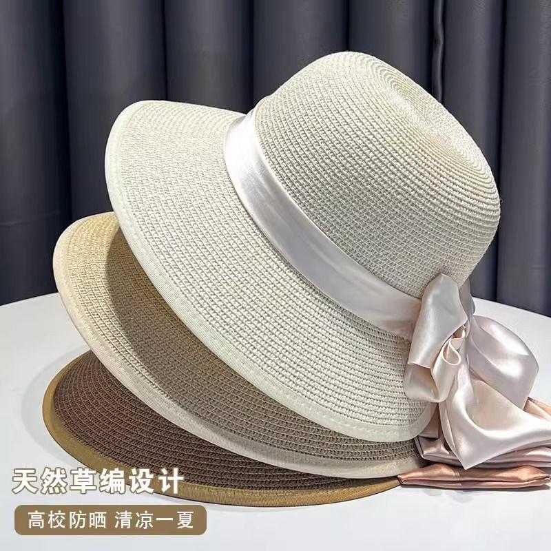 Breathable Straw Hat Hat Women's Summer Bow Visor Sun Hat Summer Travel Beach Straw Hat Versatile Sunscreen Bucket Hat