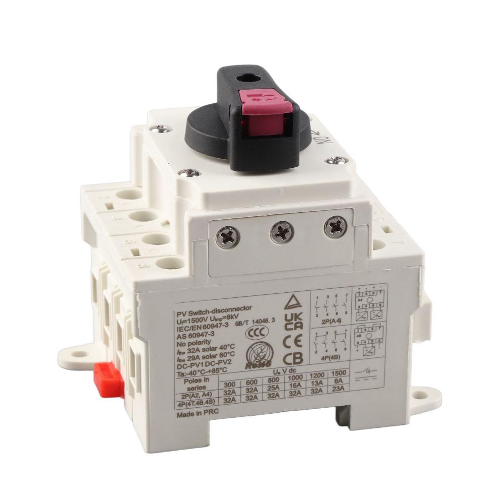 DC 1500V Solar Disconnect Switch 4 Poles 32A Photovoltaic DC Isolation Switch DIN Rail Mount IP66 Solar DC Isolator Switch