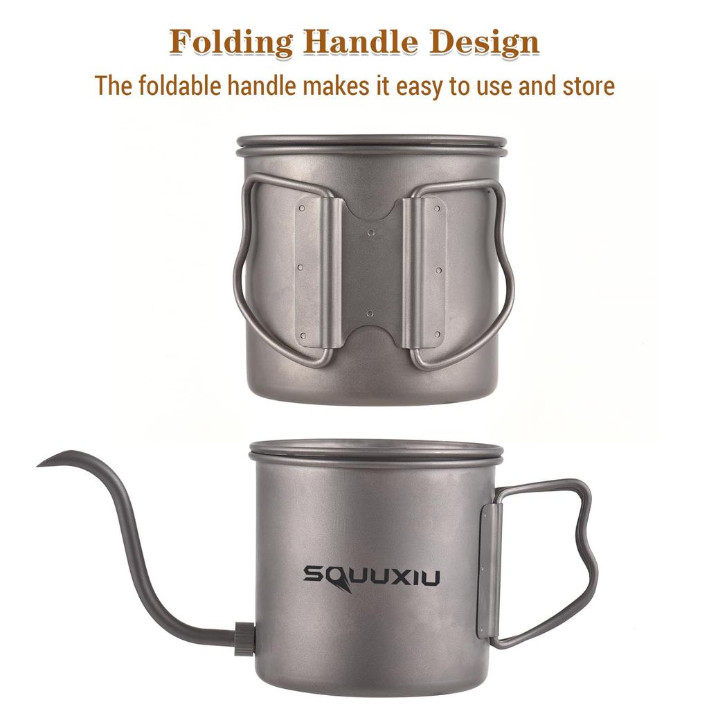 SOUUXIU Titanium Coffee Gooseneck Folding Drip with Lid Pot, 400ml, Spout, Handle, Ultralight, Outdoor-Friendly, Kettle, Odorless,
