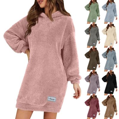 Damenmode Kapuzen Langarm Plüsch Kleid Einfarbig Casual Sweatshirt