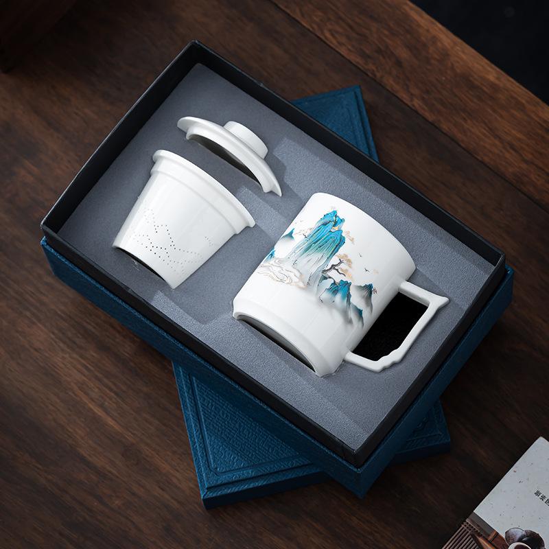 Speckstein Jade Weiß Porzellan Keramik Büro Tasse Geschenkbox Set Tee Trennbecher Geschäftsveranstaltung Souvenir