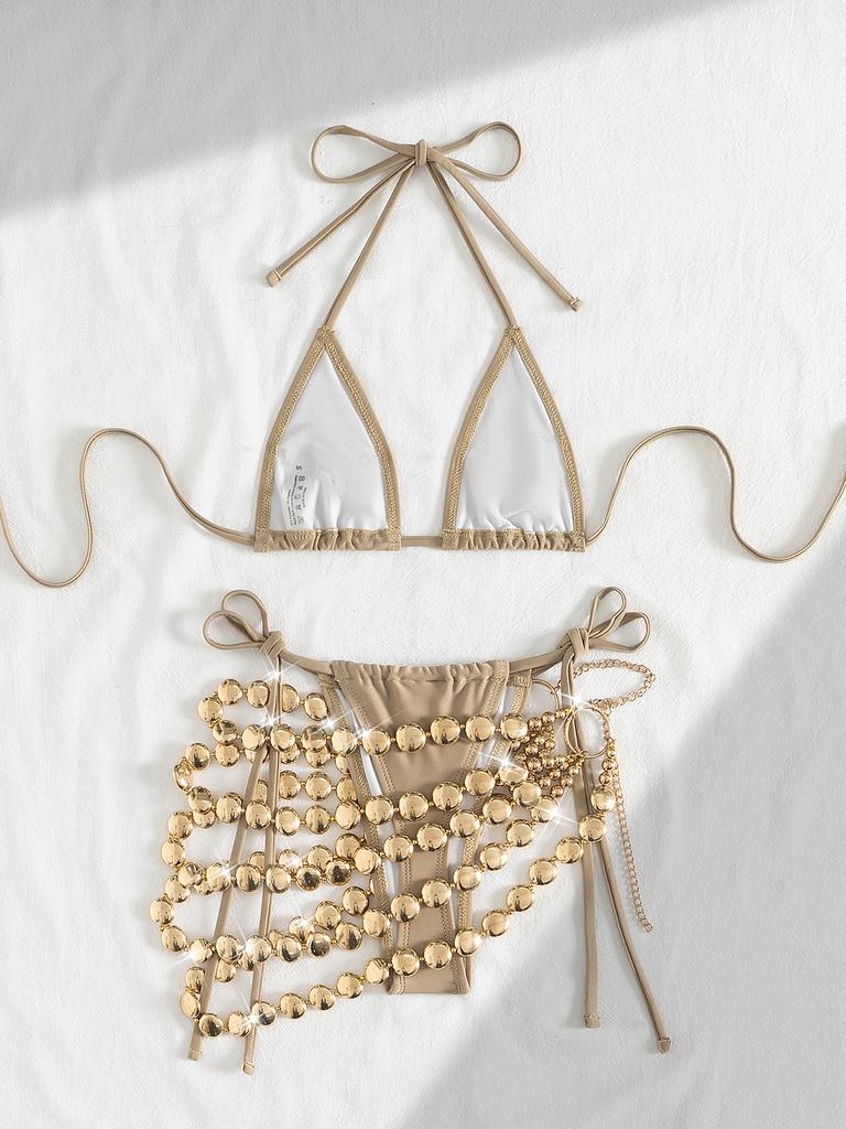 New Khaki Bikini Set 2025 Women Hollow Out Chain Skirt 3 Piece Swimsuit Beach Bathing Suit Push Up Holiday Swimwear Biquini