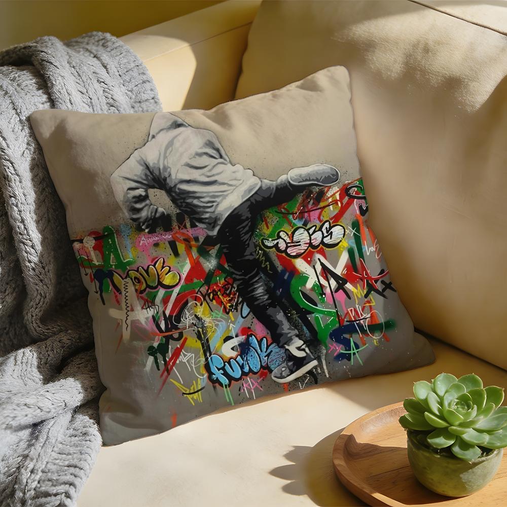 Cushion Cover Washed Linen Soft Breathable Decorative Case for Sofa Home Pillow Cover Banksy Street Graffiti Art