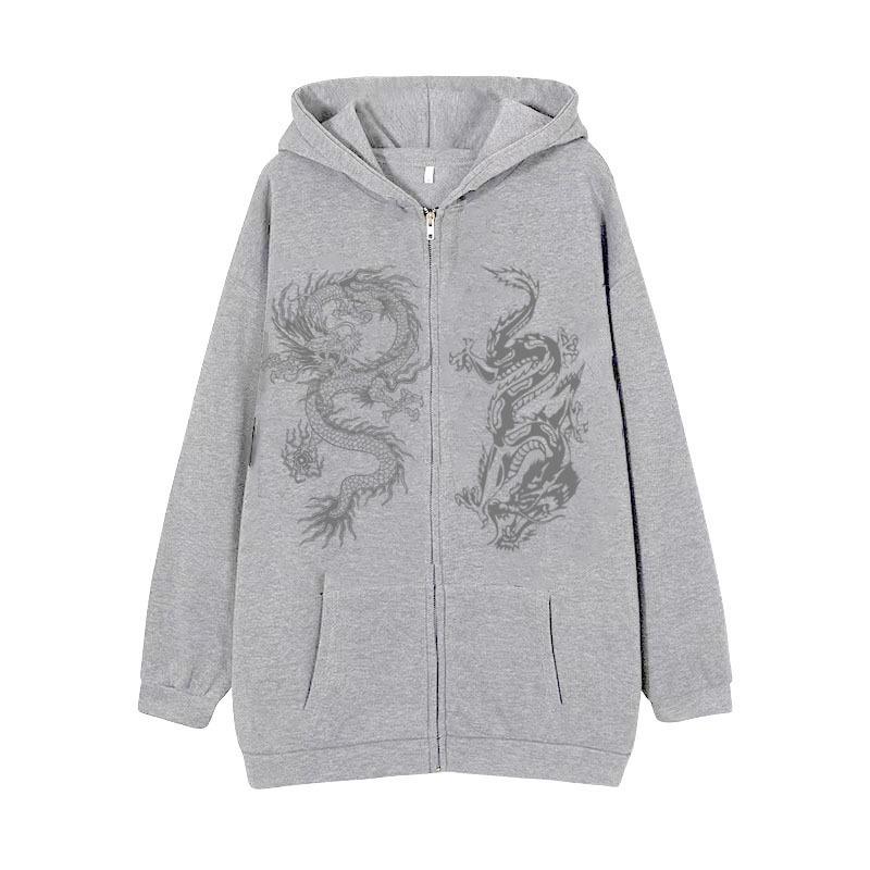 Women's Dragon Print Zipper Hoodie, 2025 European & American Trendy Loose Fleece Jacket