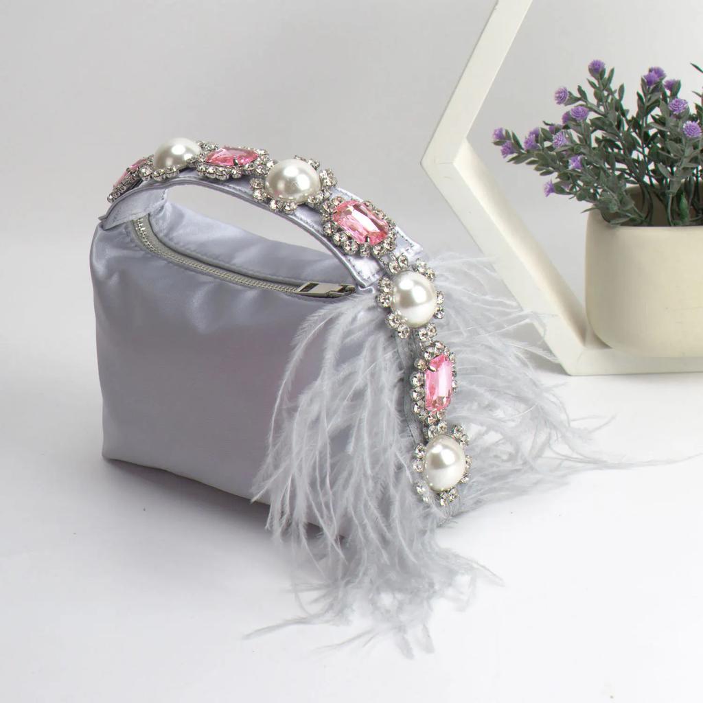 Diamonds Feather Women Handbags Luxury Pearls Party Evening Bags for Women  Designer Satin Square Clutch Wedding Purses Tote