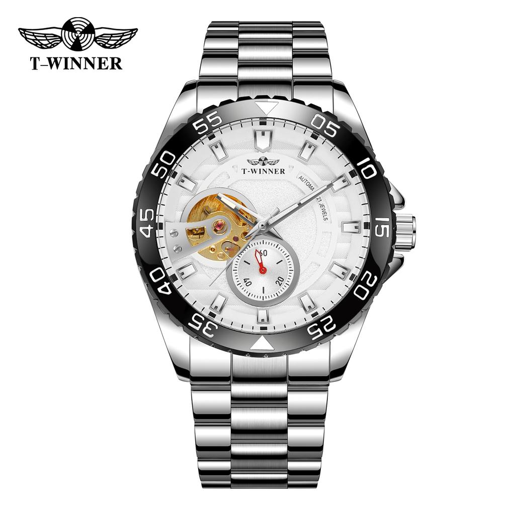 T-WINNER Neue Mode Wasserdichte Mechanische Herren-Automatik-Uhr mit Leuchtzeigern und Edelstahlarmband 3BAR Wasserdichtigkeit