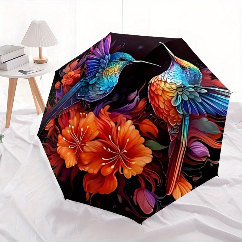 

1pc Colorful Hummingbirds Amidst Vibrant Flowers Durable Cartoon Folding Umbrella, Portable 3-Fold Compact Umbrella for Men and Women, Suitable f