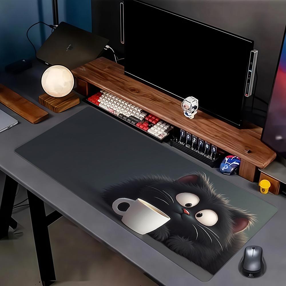 1pc Large Gaming Mouse Pad Cute Black Cat Coffee Design Non-Slip Rubber Base Washable Computer Desk Accessory for PC Game Office