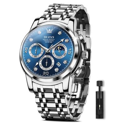 OLVES Blue Watch Date Arm Watch Waterproof Stylish Popular Watch Silver Business Stylish Watch Analog Quartz Watch Metal Band Fashion Watch Casual