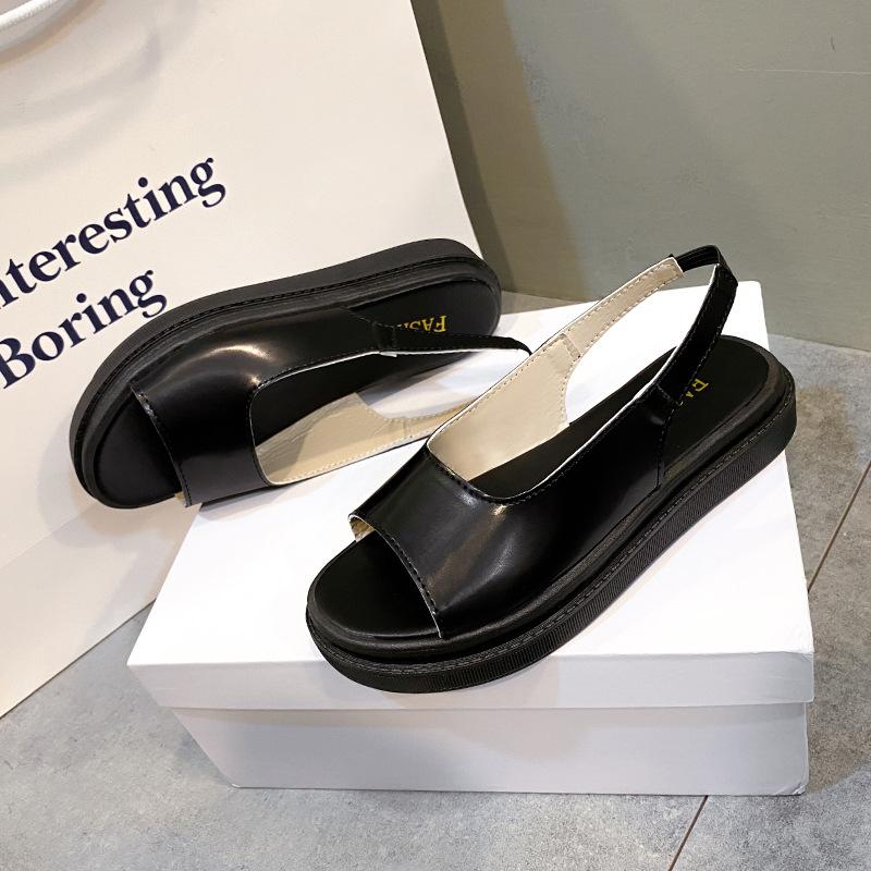 2023 New Large Solid Color Women's Sandals Thick and Low Vintage Elastic Belt Round Toe Flat Bottom Sponge Shoes