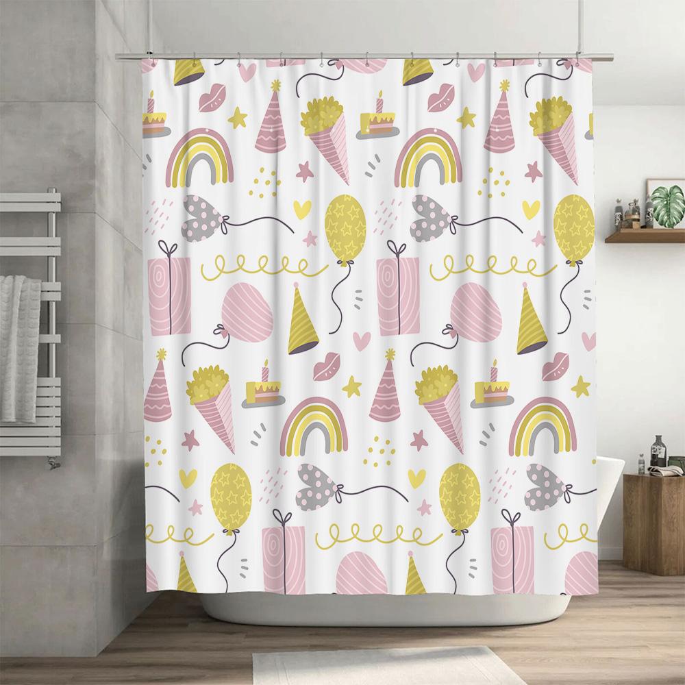 Happy Birthday Party Decorations Shower Curtain For Kids Room Pink Yellow BalloonsParty HatsCakeRainbowStarsBalloonsConfet