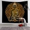 Golden Buddha Statue Tapestry Wall Hanging Black Gold Mandala Boho Spiritual Aesthetic Wall Art Bedroom Living Room Decor