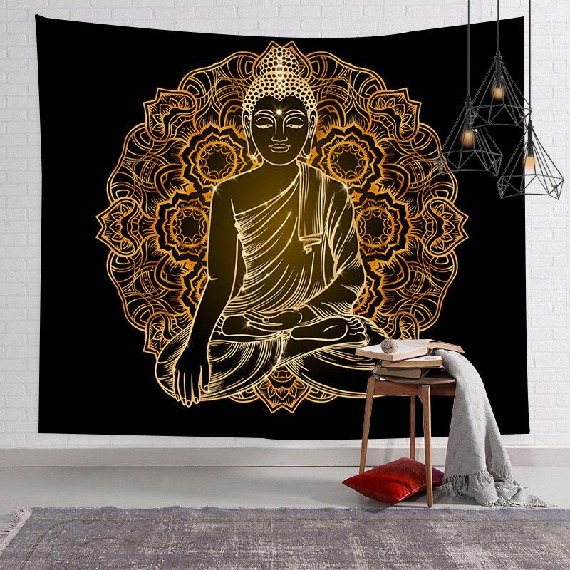 Golden Buddha Statue Tapestry Wall Hanging Black Gold Mandala Boho Spiritual Aesthetic Wall Art Bedroom Living Room Decor
