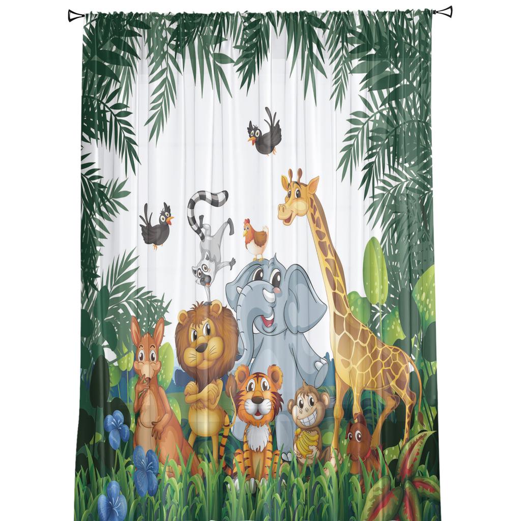 Tropical Jungle Cartoon Animal Giraffe Lion Elephant Tulle Curtain Voile Transparent for Bedroom Living Room Sheer Curtains