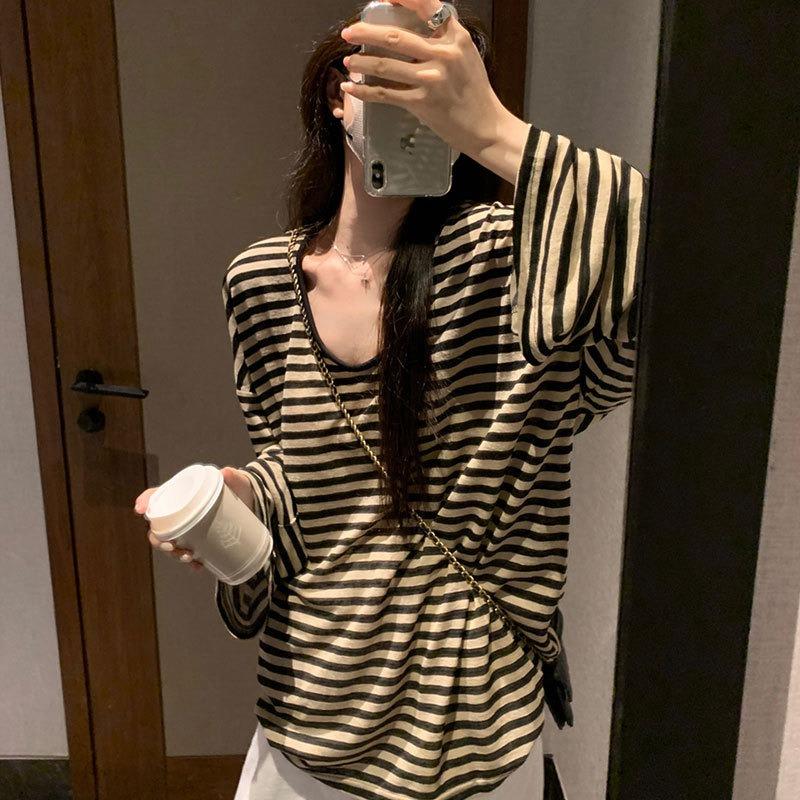 Women Casual Loose Striped V Neck Long Sleeve Thin T Shirt Top