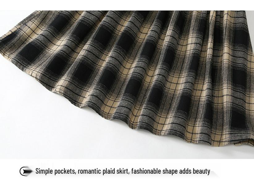 Dziewczęcy jesienny zestaw dwuczęściowy: spódnica w kratę i dziergany kardigan