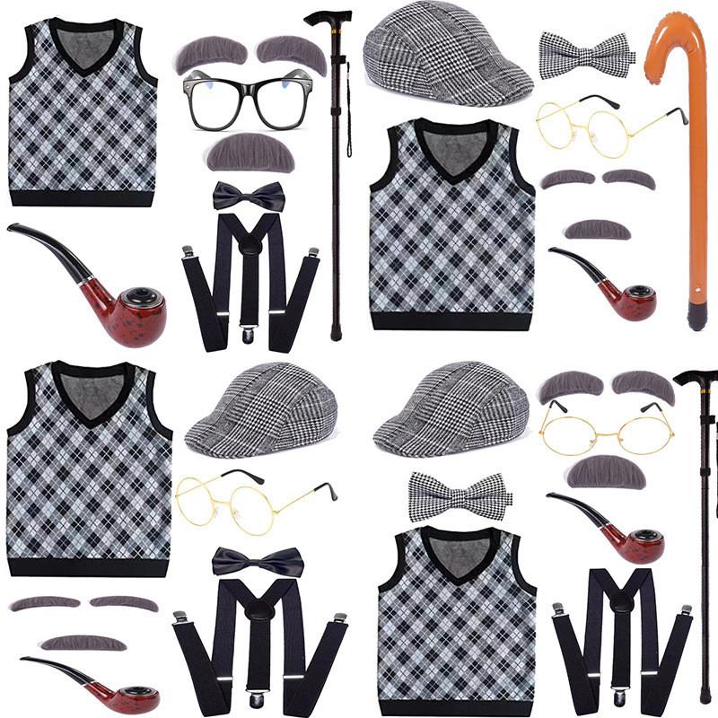 Halloween Costume Set For Kids Featuring Short Black Wig And Grandpa Beard Accessories