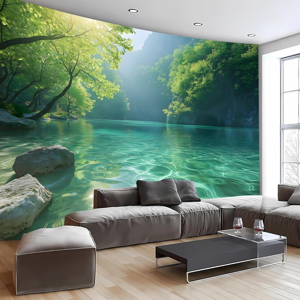 Crystal Clear Turquoise Mountain Lake Wall Mural Green Forest Wallpaper for Living Room Decor