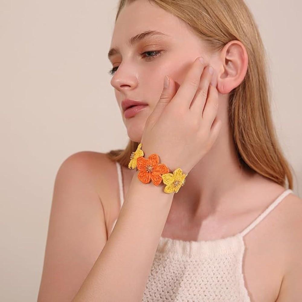 Colorful Woven Flower Bangle Vintage Hand Ring Retro Raffia Grass Bracelet  Gift