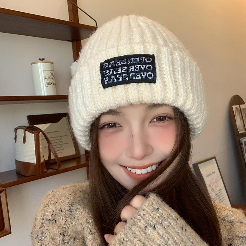 Simple Letter Patch Woolen Hat for Women in Autumn and Winter Thickened Warm Ear Protection Knitted Hat Large Head Circumference Pullover Cold Hat