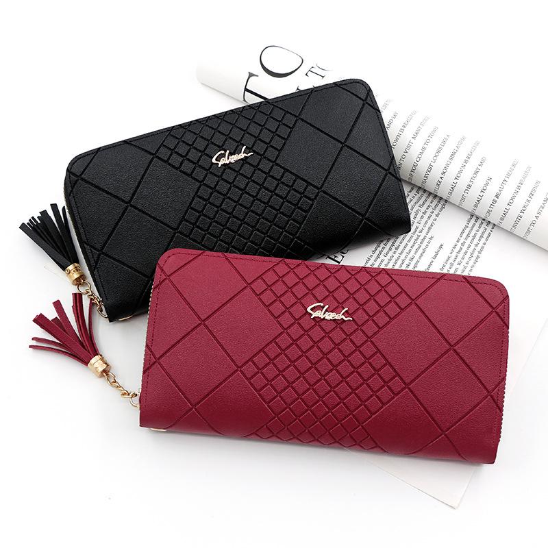 Korean-Style Women's Long Wallet with Hand Strap and Tassel Zipper Clutch