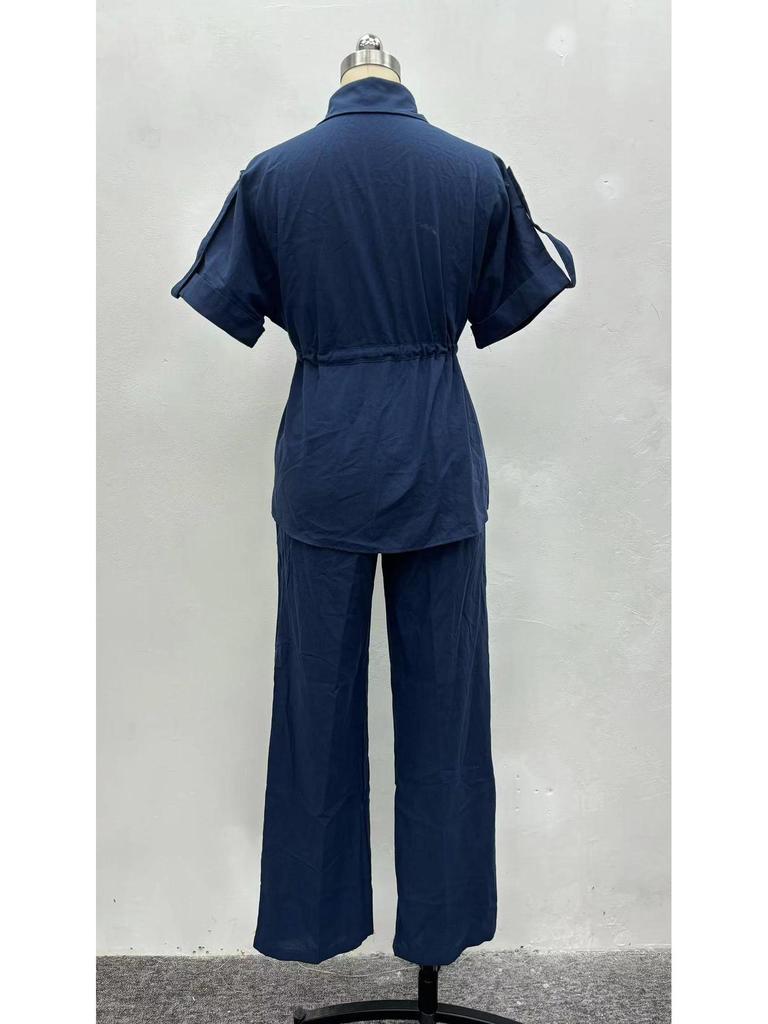 Women's Casual Summer Two-Piece Set: Short-Sleeve Pocket Shirt & Long Pants