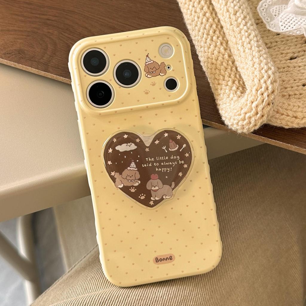 Cute Puppy Heart-Shaped Stand Phone Case for iPhone 16, iPhone 17, and iPhone 17 Pro Max