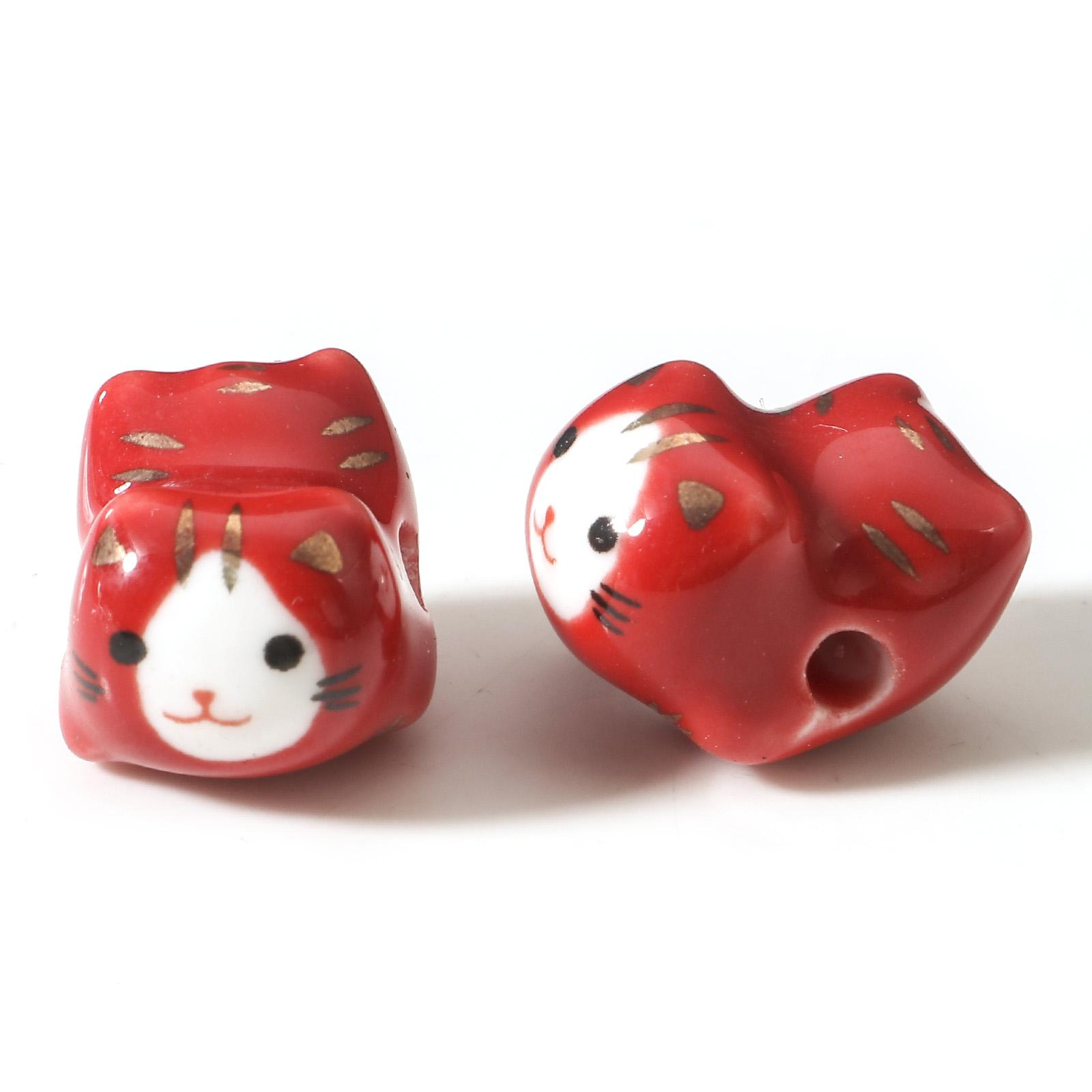 

3D Cute Cat Ceramic Beads For DIY Charm Jewelry Making Cat Animal Bead Findings About 16mm x 13mm, Hole: Approx 2.5mm, 2 PCs красный