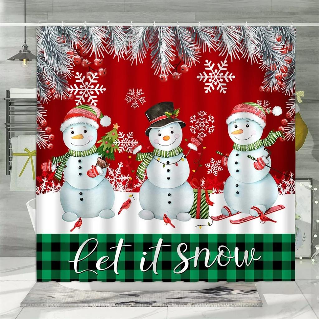 GAEChristmas Shower Curtain, Winter Snowman Santa Claus Gnome Farm Farmhouse Cartoon Truck Christmas Tree Snowflake Bathroom D