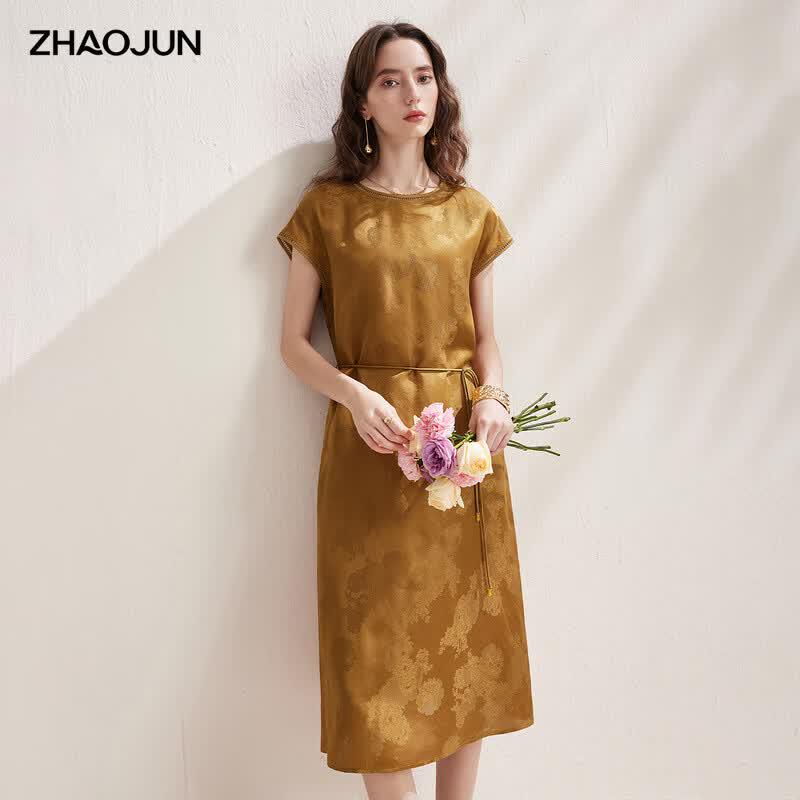 Zhaojun Mulberry Silk Lace Cutout Short Sleeve Midi Dress 2XL