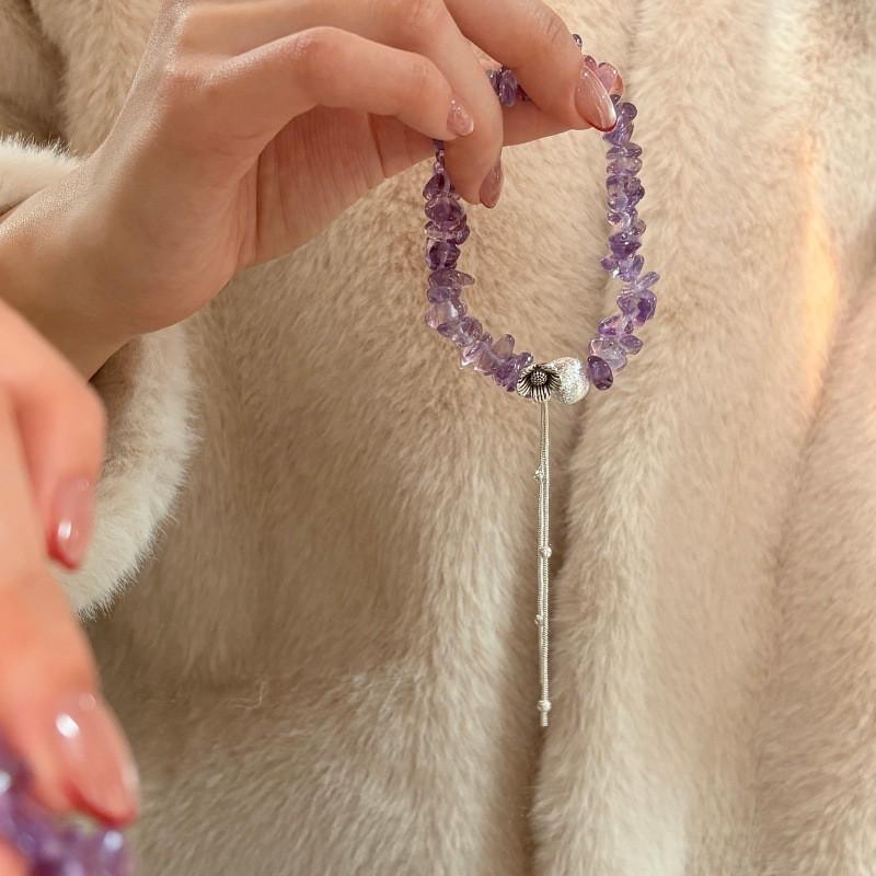 Handmade Purple Amethyst Chip Beaded Bracelet Women Romantic Minimalist Floral Design Gift