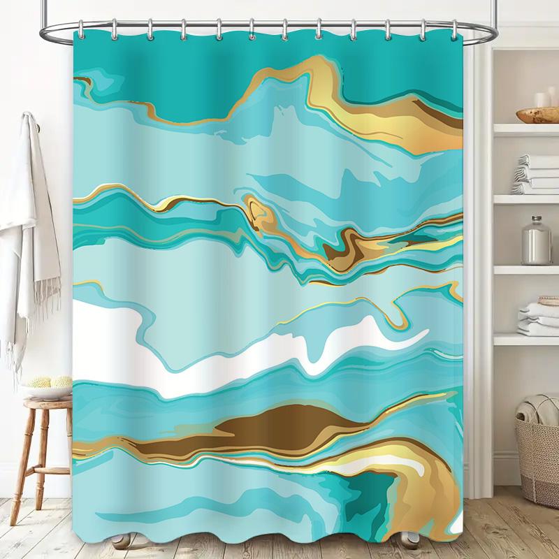 Modern Blue Gold Marbled Shower Curtain For Bathroom Decor 72X84 Inch Shabby Chic Bath Linens With Rod Pocket