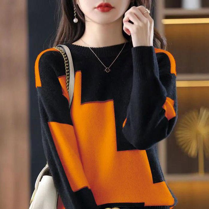 

Свитер женский осенне-зимний женский вязаный теплый свитер с цветными блоками, длинный рукав, термопуловеры с круглым вырезом, повседневный свободный свитер для женщин XXXL оранжевый