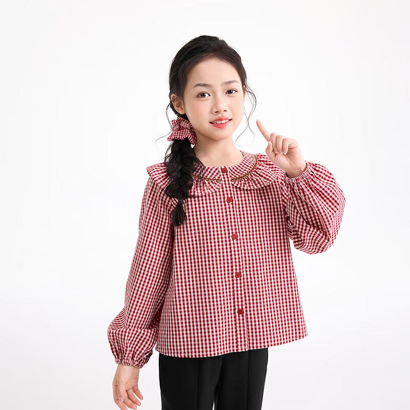 Girls' Plaid Peter Pan Collar Lantern Sleeve Shirt