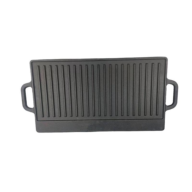 Double-Sided Cast Iron Grill Pan with Diagonal Stripes - Thick Rectangular Frying Pan for Camping and Steak Grilling.