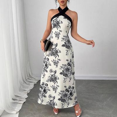 New Summer Ladies Elegant Apricot Floral Cross Neck Off-Shoulder Fashion Dress