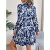 Robe Florale pour Femme Élégante Col Montant Floral Taille Marquée Manches Longues Volants Jupe A-Ligne