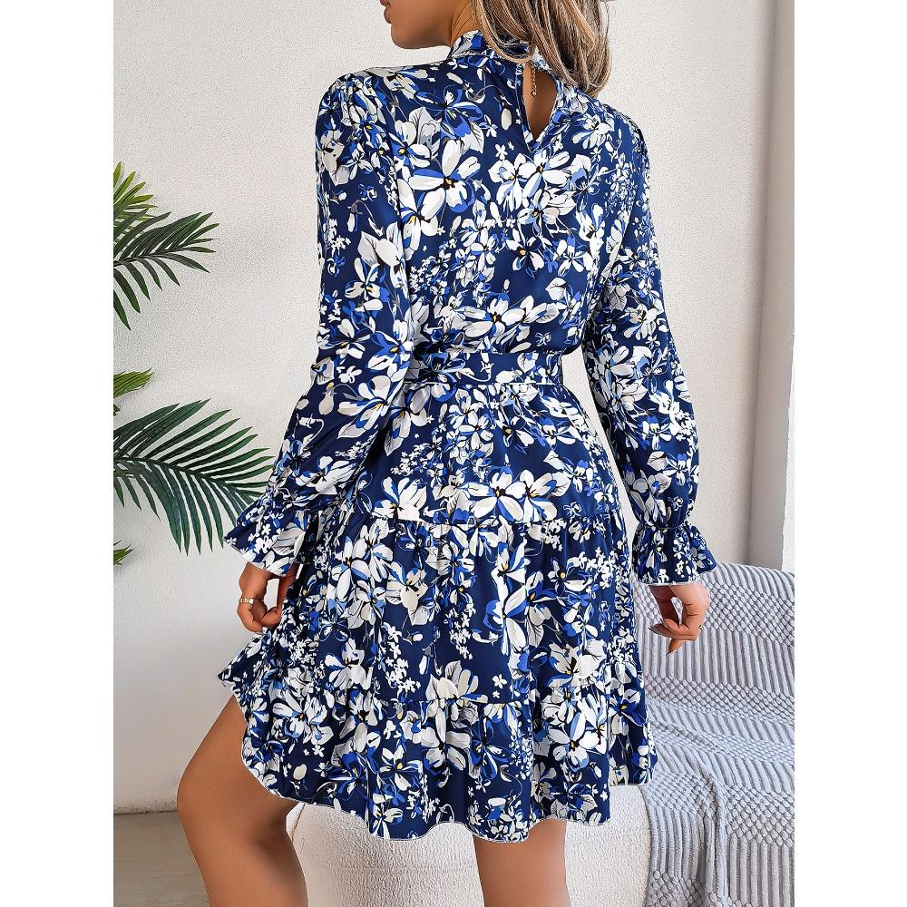 Robe Florale pour Femme Élégante Col Montant Floral Taille Marquée Manches Longues Volants Jupe A-Ligne