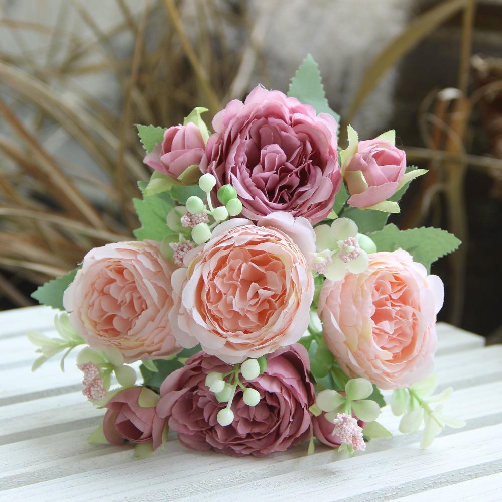32cm Peony Bouquet 5 Heads Silk Flower New Fake Rose Vase Decor
