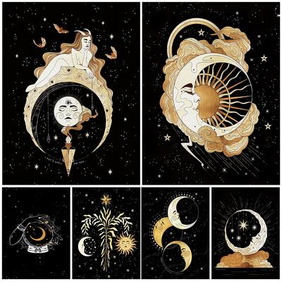 Sun Moon Wicca Abstract Art Poster And Print Witch On The Moon, Witchcraft, Wall Art Canvas Painting Decoration (with Frame)