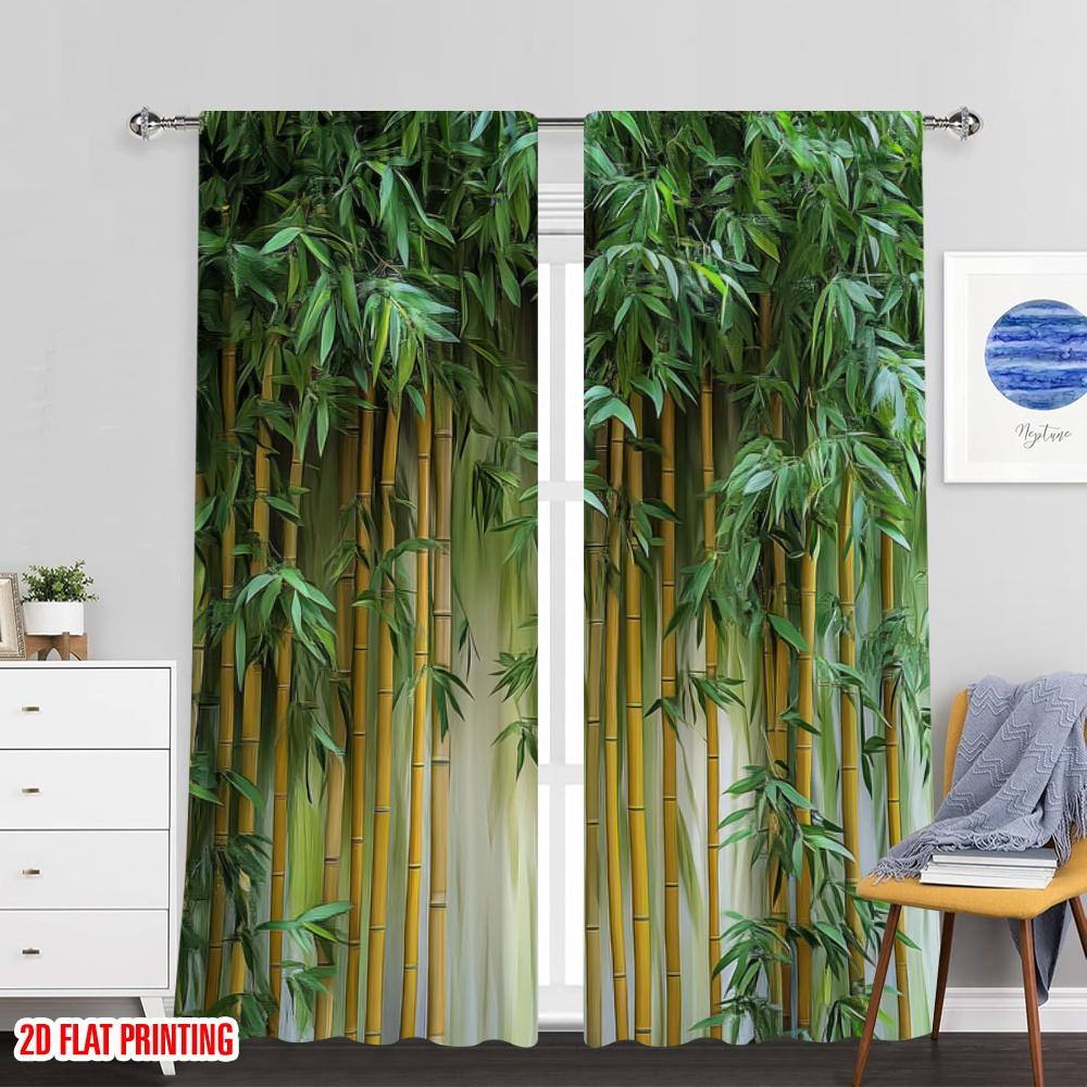 Set Of 2 Flat Printing Hot Colorful Summer Curtains Bamboos Light Filter Family Party Decoration Suitable Holiday Parties Curtain Polyester