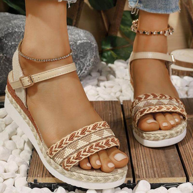 Fashion Bohemian Braided Wedge Sandals for Women Summer 2025 Beach Casual Ankle Strap Sandles Woman Plus Size Med Heel Sandalias Ladies