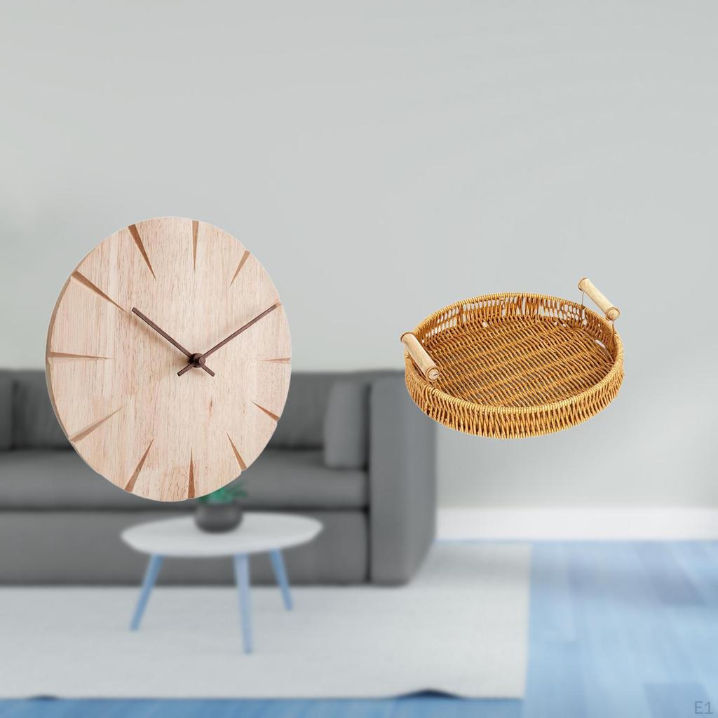 Wood Wall Clock Woven Fruit Basket Creative Design Decorative Non Ticking Silent Snack Serving