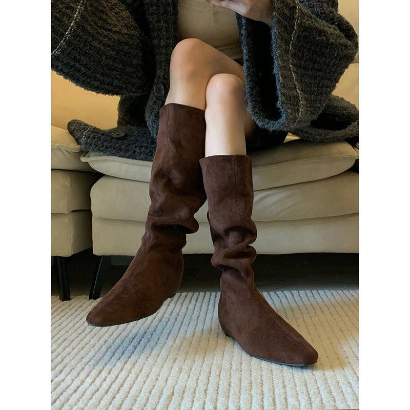 Western Cowboy Boots Women's Retro Niche Big Tube Circumference Thin Pleated Piled Boots