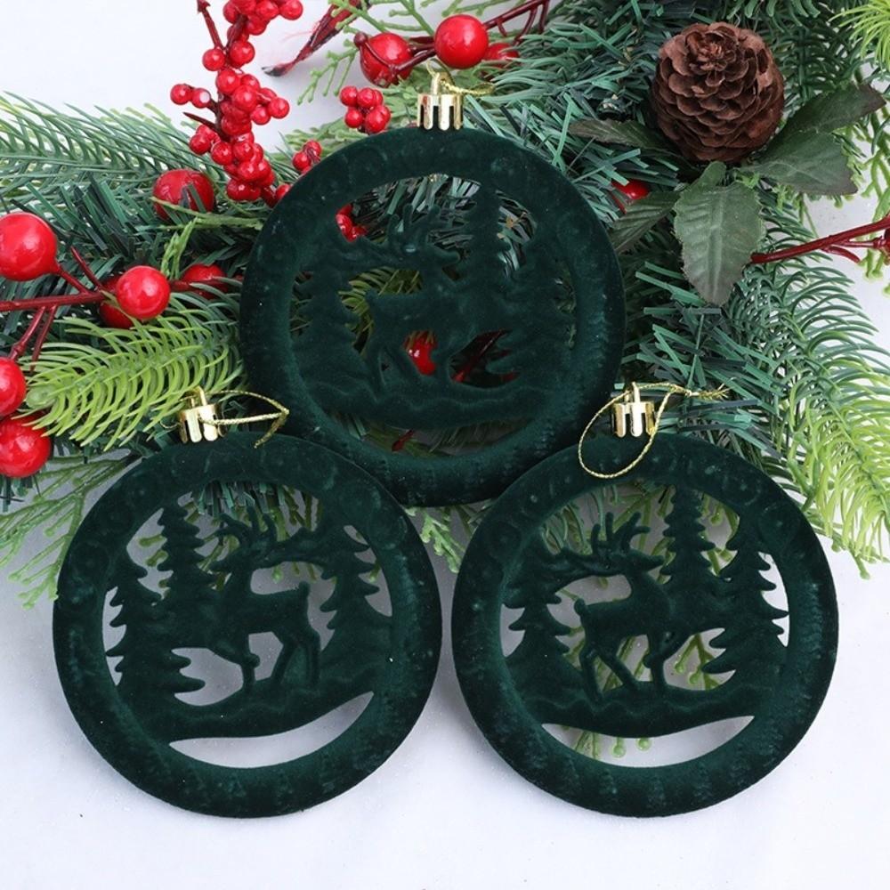 3Pcs/Box Round Pancake Shaped Christmas Flocking Pendant  Christmas Tree Decoration