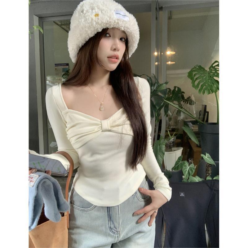 2025 Autumn/Winter Women's Coffee Bowknot Slim Fit Long Sleeve Base Layer Top
