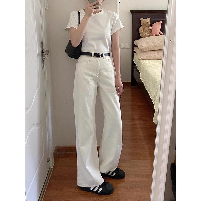 Women's White High-Waist Wide-Leg Jeans - Plus Size, Pear-Shaped Fit, Slimming and Loose for Autumn