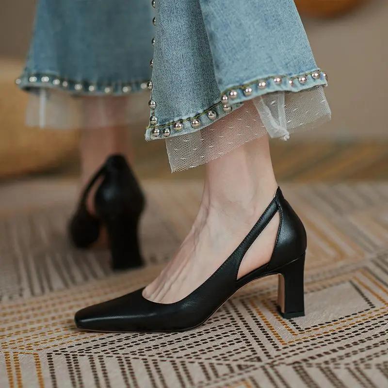 Fashion Chunky Heels Normal Leather Casual High Block Heel Nude Ladies Footwear Office Women's Shoes Square Toe Pumps on Heeled 39 Offer